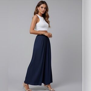 Navy Blue Pleated Paperbag Waist Wide Leg Pants